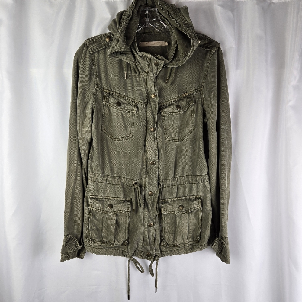 Max Jeans Womens Army Olive Green Tencel Utility Cargo Hooded Jacket Size Small